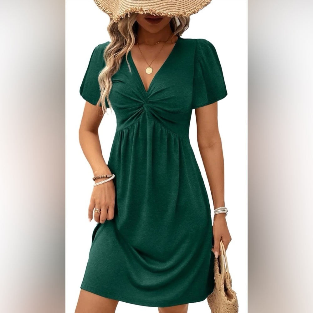Casual Summer Twist Front V Neck Short Sleeve Mini Dress Dark Green Size Medium